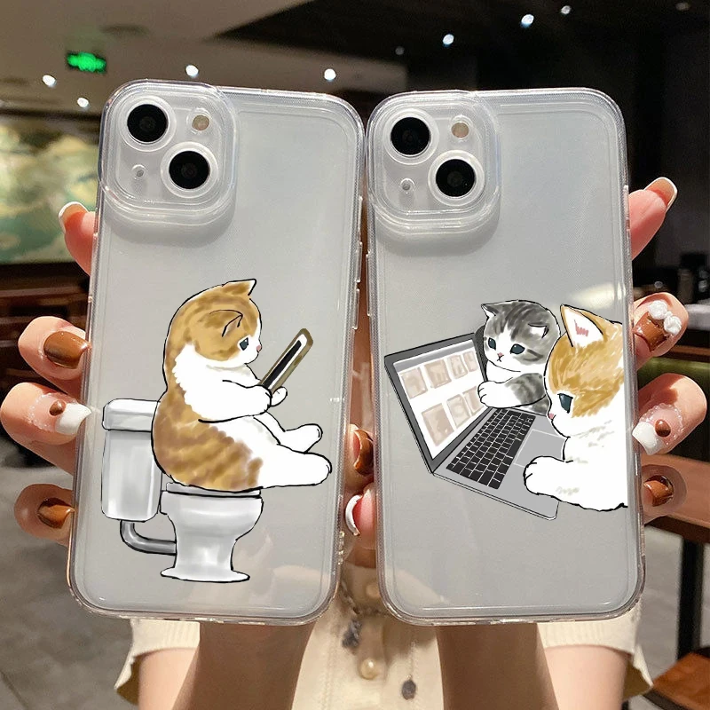 

Funny Cartoon Cat Phone Cover For iPhone 11 12 13 14 Pro Max X XR XSMax 7 14Plus 13Mini Cute Animal Clear Soft Silicone TPU Case