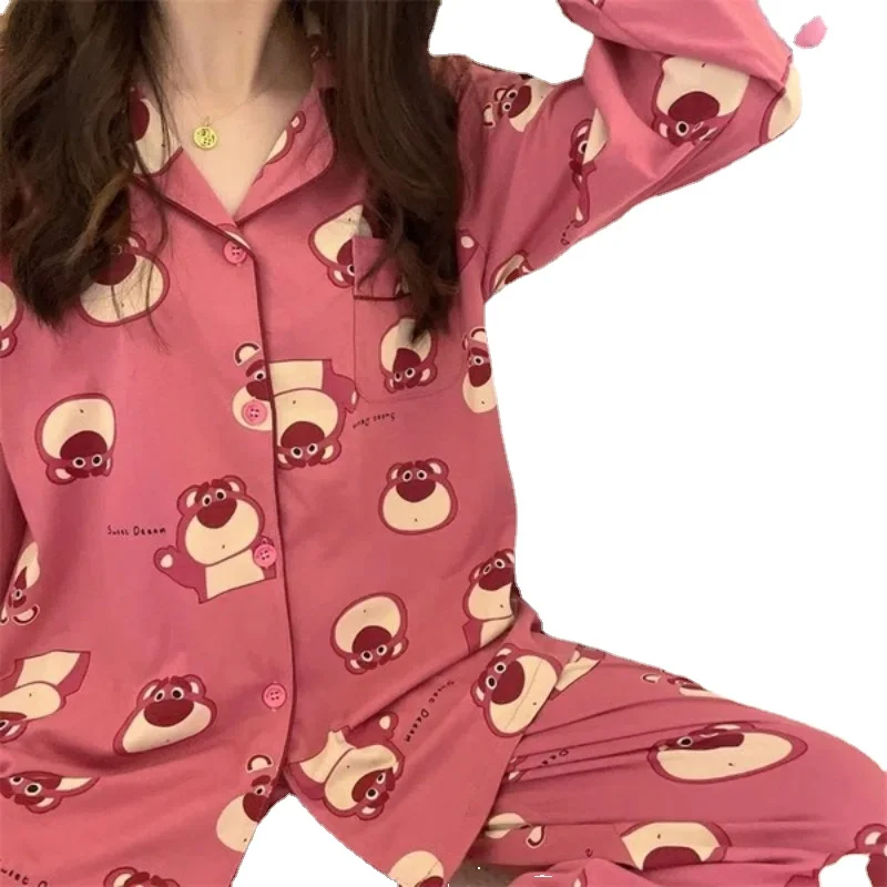 New Pajamas For Women's Autumn And Winter Long Sleeve Cartoon Strawberry Bear Cute Girl Nightwear Female Set 2 Pieces Fashion