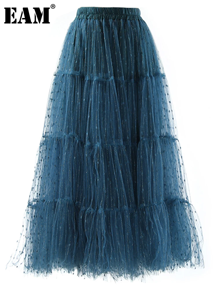 

[EAM] High Elastic Waist Blue Mesh Dot Shining Holiday Half-body Skirt Women Fashion Tide New Spring Autumn 2022 1DE3614