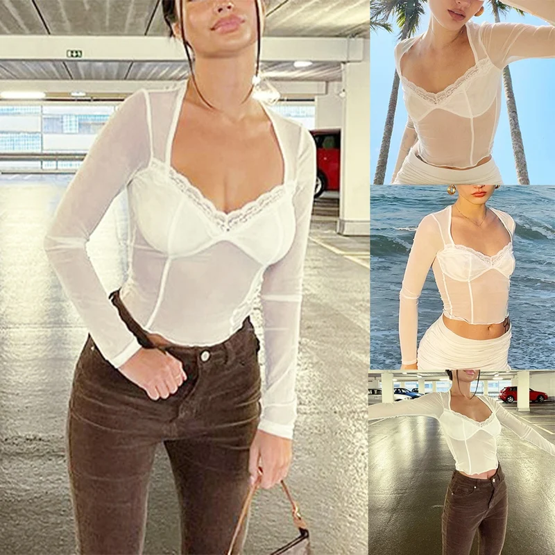 

Fashion Y2K Lace Trim Mesh Crop Tops Aesthetics Patchwork Square Neck Long Sleeve White Sexy Tees Summer T-Shirts