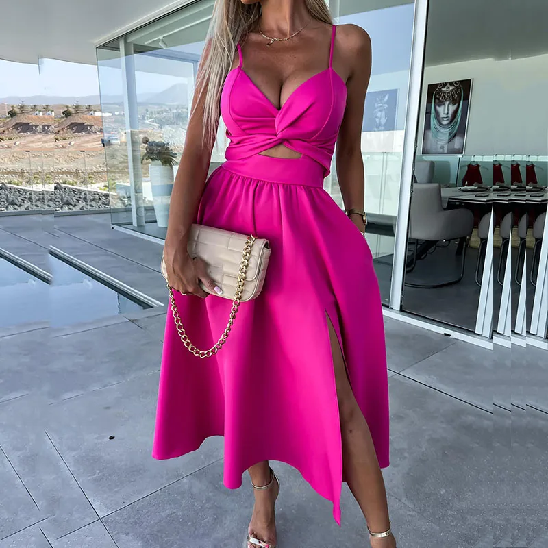 

Fashion V Neck Hollow Dresses Women Elegant Slit A-Line Dress Office Lady Summer Sexy Sleeveless Pocket Long Beach Dress Vestido