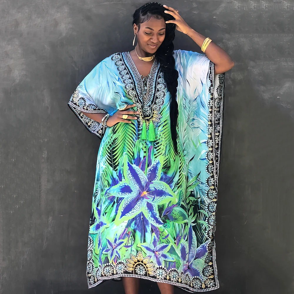 

Boho Floral Print Kaftan Female Beach Dress Swimwear Cover Up 2023 Summer Maxi Dresses Beachwear Women Swimsuit Kimono