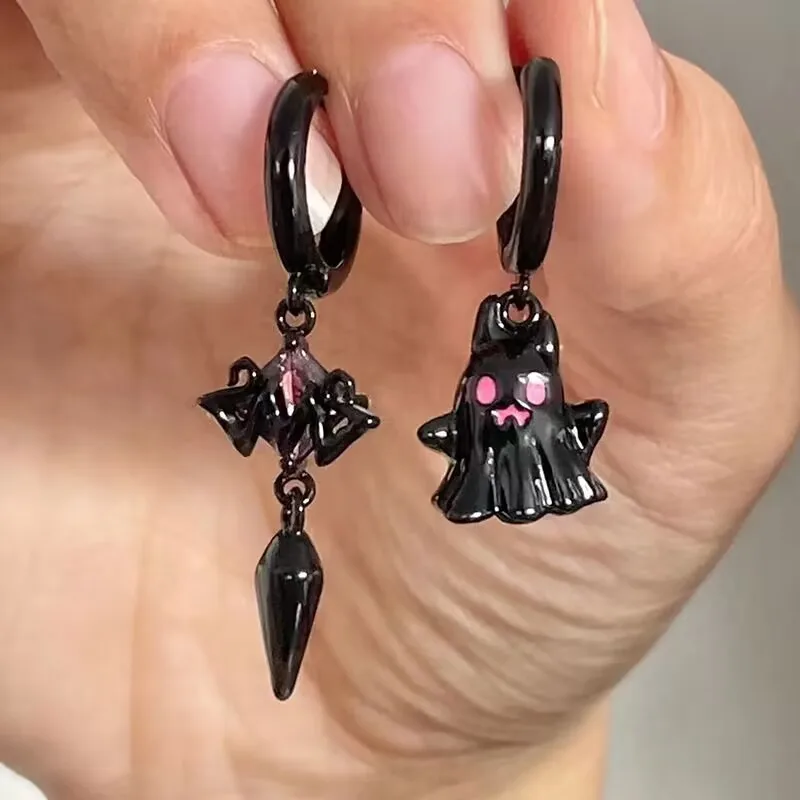 

Y2k Pink Diamond Small Ghost Earrings for Women Black Gothic Sweet Punk Asymmetric Cross Aesthetic Piercing Dangle Ear Studs