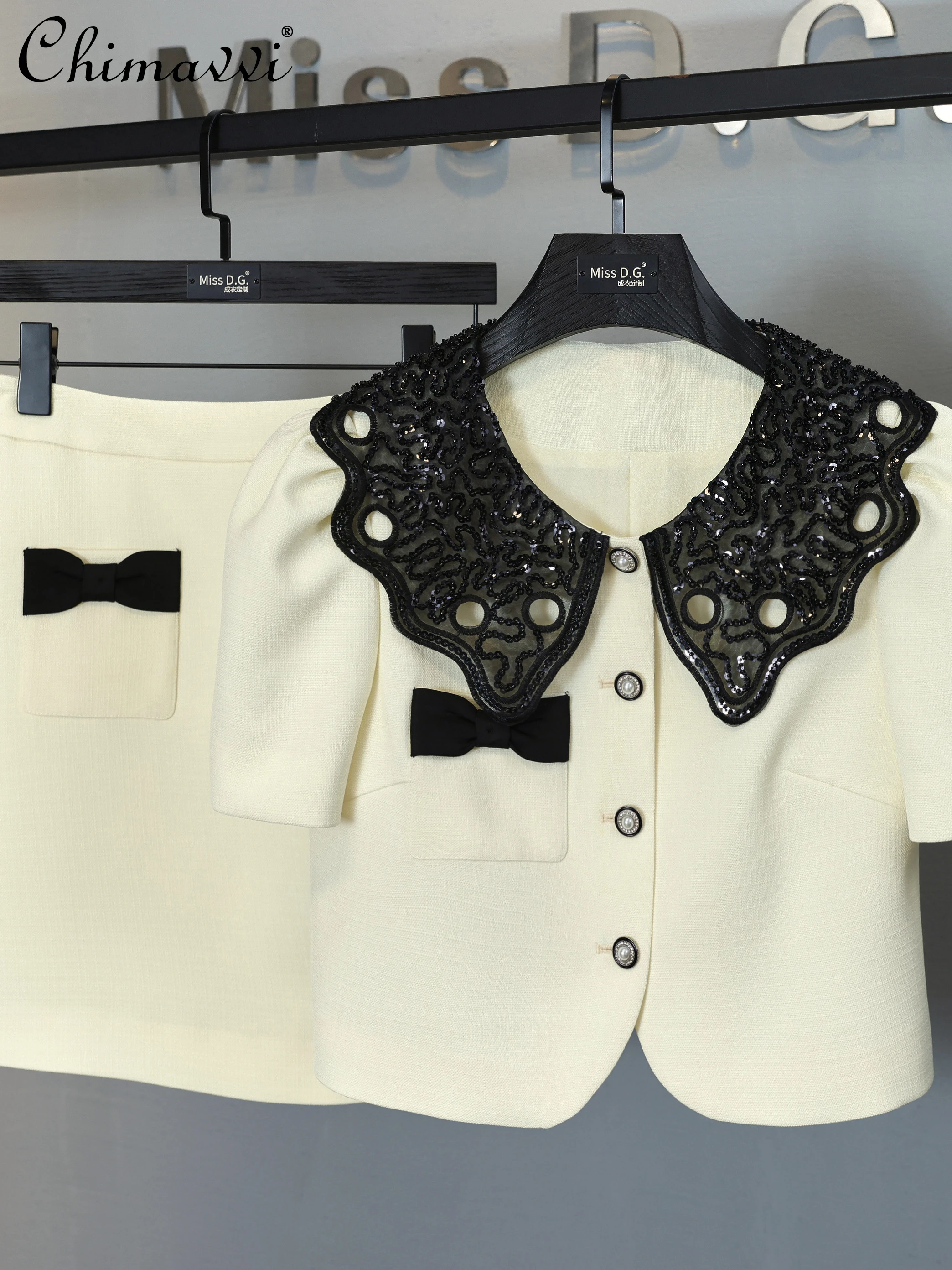 

High-end Women's Suit 2022 Summer New Fashion Peter Pan Collar Baggy Coat High Waist Slimming Skirts Temperament Twinset