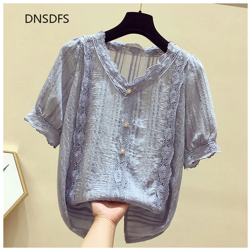 

Sweet Lace Shirt Women Short-sleeve Summer Top Korean Button Up Shirt Office Casual V-neck Chiffon Blouse Women Blusa Mujer