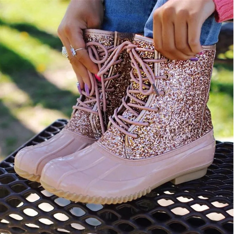 

Shiny Sequined Plastic Rain Boot Round Toe Lace-up Mix Color Short Ankle Booties Summer Women's Waterproof Botas Female Footwear