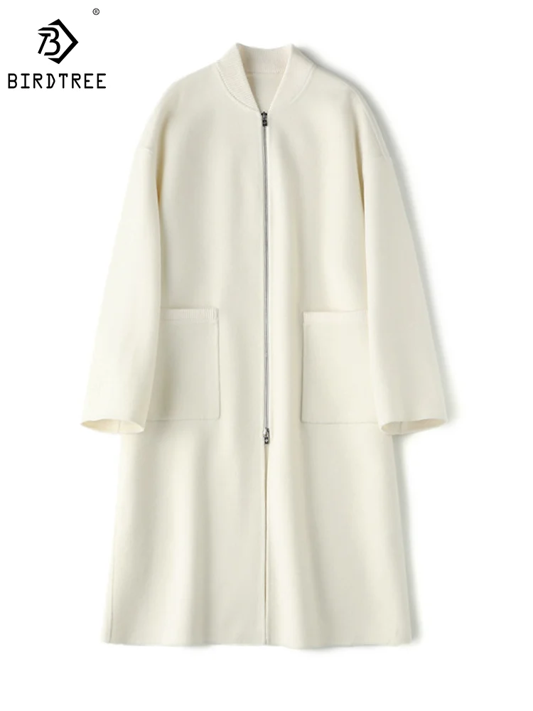 

Женское шерстяное пальто на молнии Birdtree, однотонное Свободное пальто из 100% овечьей шерсти, Осень-зима, C30067QM