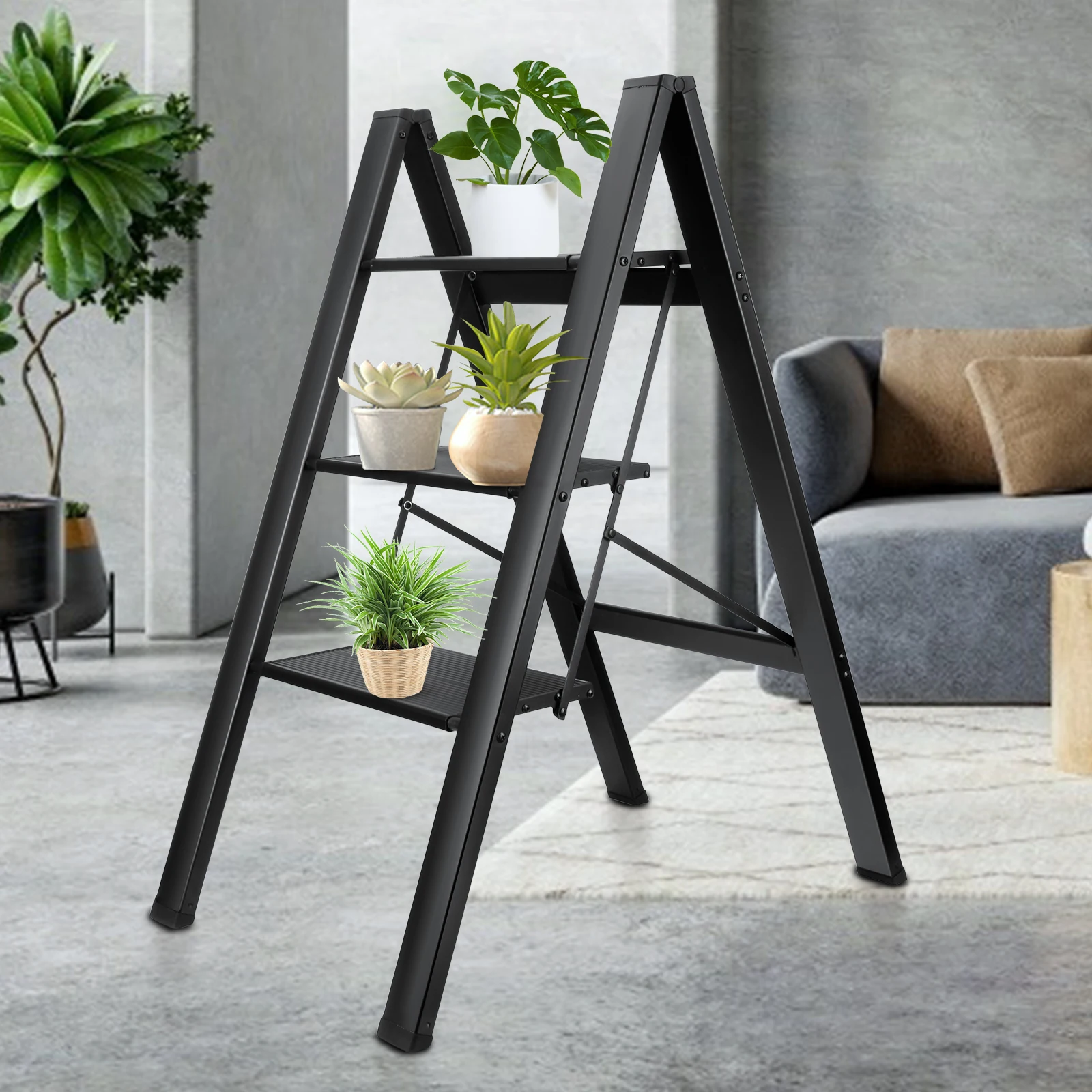 

Indoor Folding Ladder Portable Aluminum 3 Step Ladder Foldable Non-Slip Safety Platform Stepladder 200KG Load Capacity Household