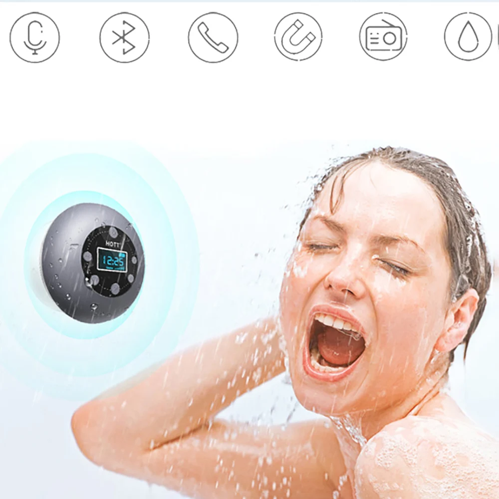 

Waterproof Shower Wireless Bluetooth Speaker Bathroom Magnetic Suction Cup Hands Free Call Portable Mini Speaker Time FM Radio