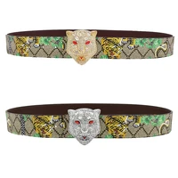 fashion pants jeans men alloy smooth buckle green tiger pattern gold silver diamond leopard head versatile s leather belt