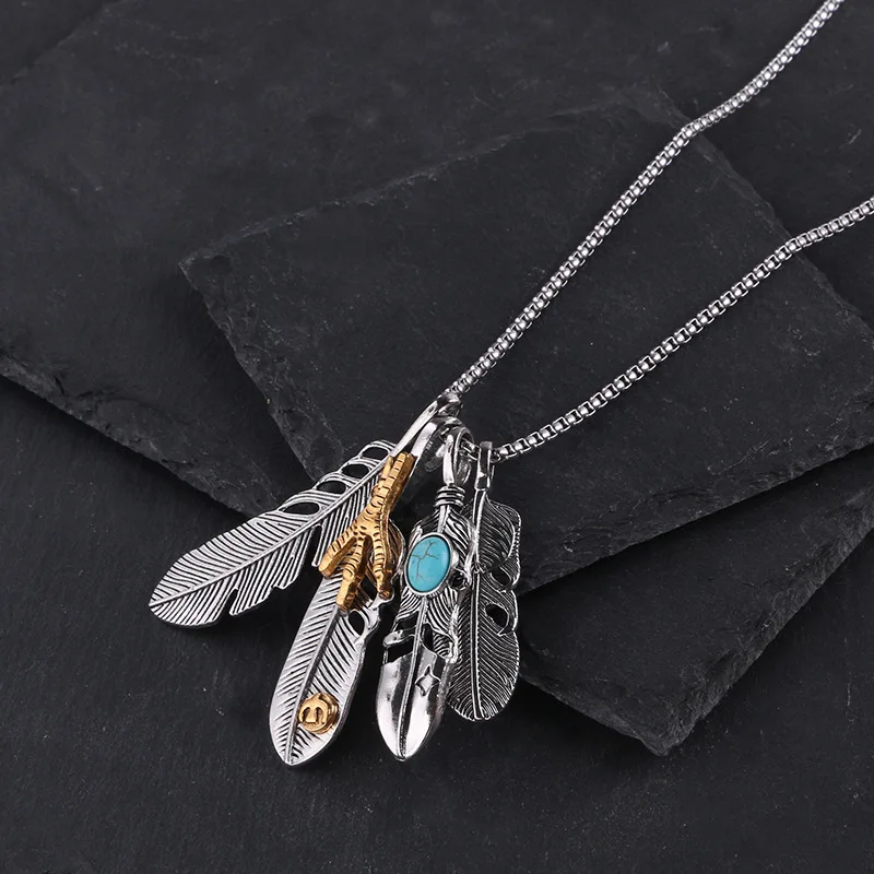 

New Titanium Stainless Steel 4 Pieces Feather Pendant Turquoise Necklace for Men and Women Jewelry Gift Vintage Sweater Chain