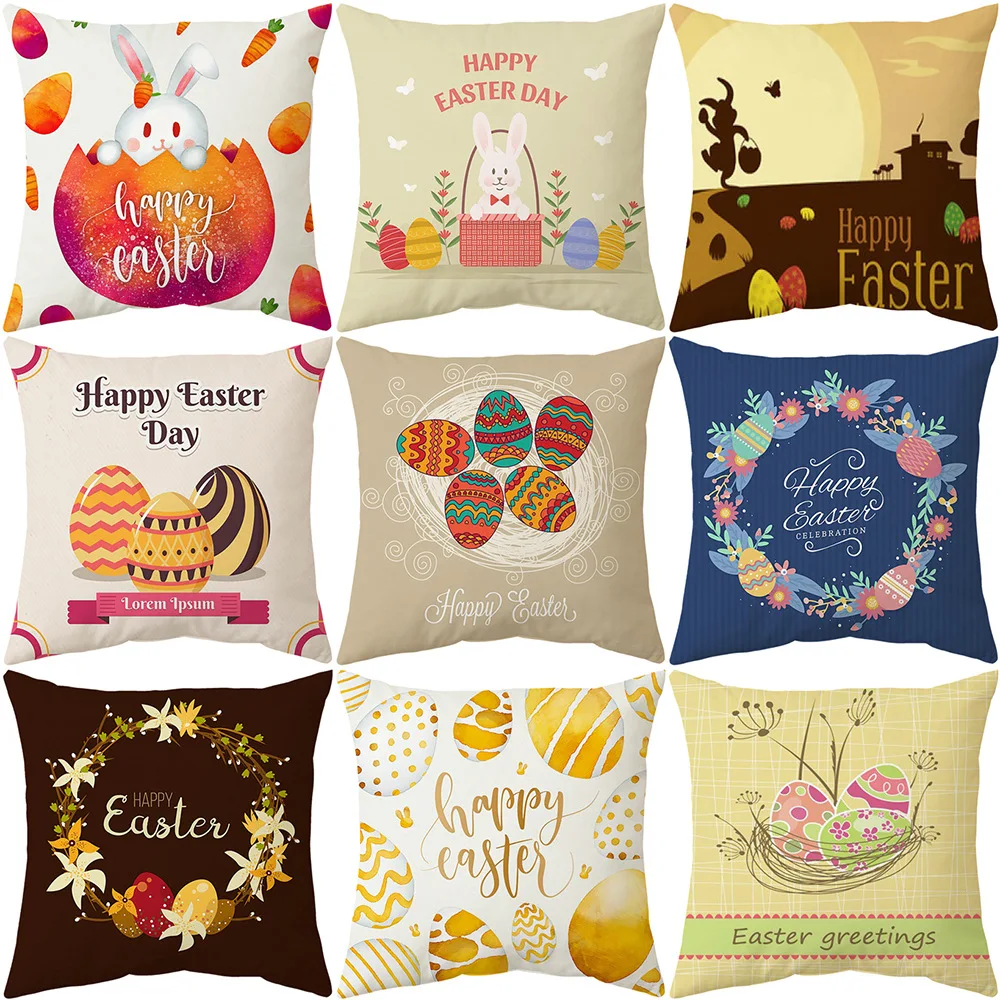 

Easter Decorations Cushion Cover Happy Easter Party Decor Pillowcase Funny Rabbit Bunny Easter Eggs Linen Pillow Cover 45*45cm
