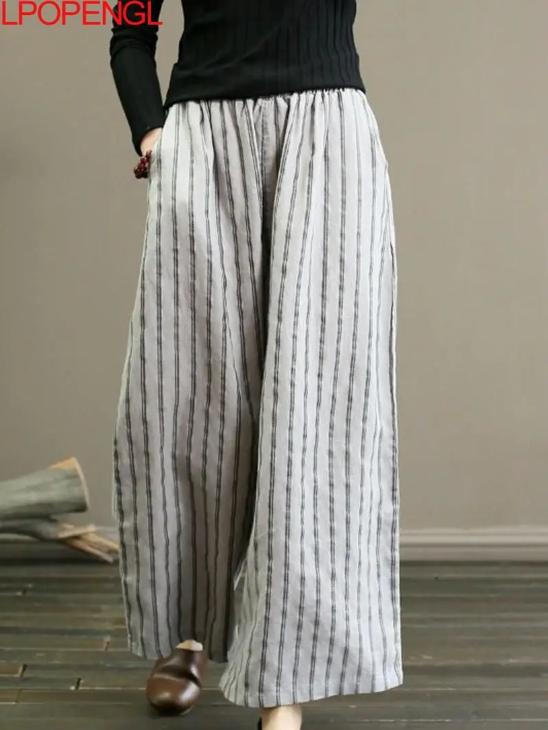 

Льняные повседневные брюки в полоску, хлопковые льняные брюки с широкими штанинами, весна-осень 2023, свободные женские брюки до щиколотки с эластичным поясом