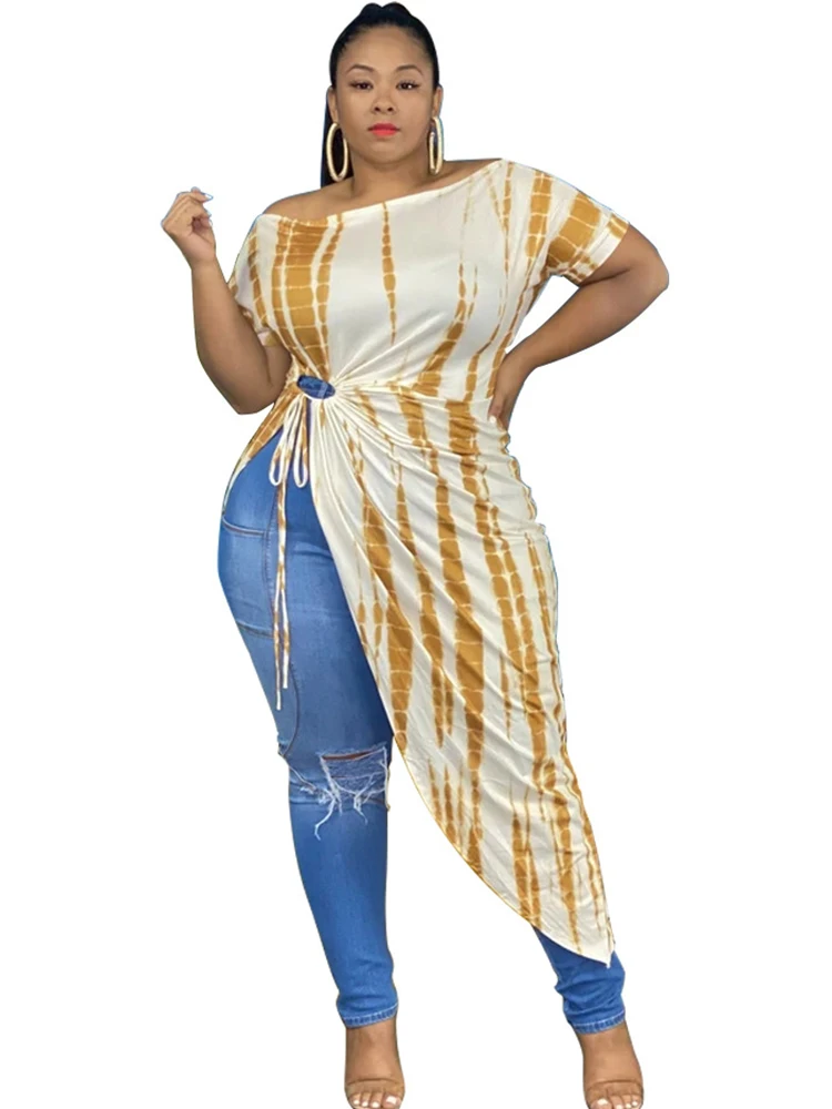 

4XL Plus Size T Shirt Dress Women Slash Neck Lace Up Slit Ropa Mujer Summer New Fashion Print Oversize Casual Irregular Dresses