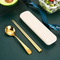 2pcs green golden cutlery set stainless steel spoon chopsticks childrens portable tableware home dinnerware kitchen utensils