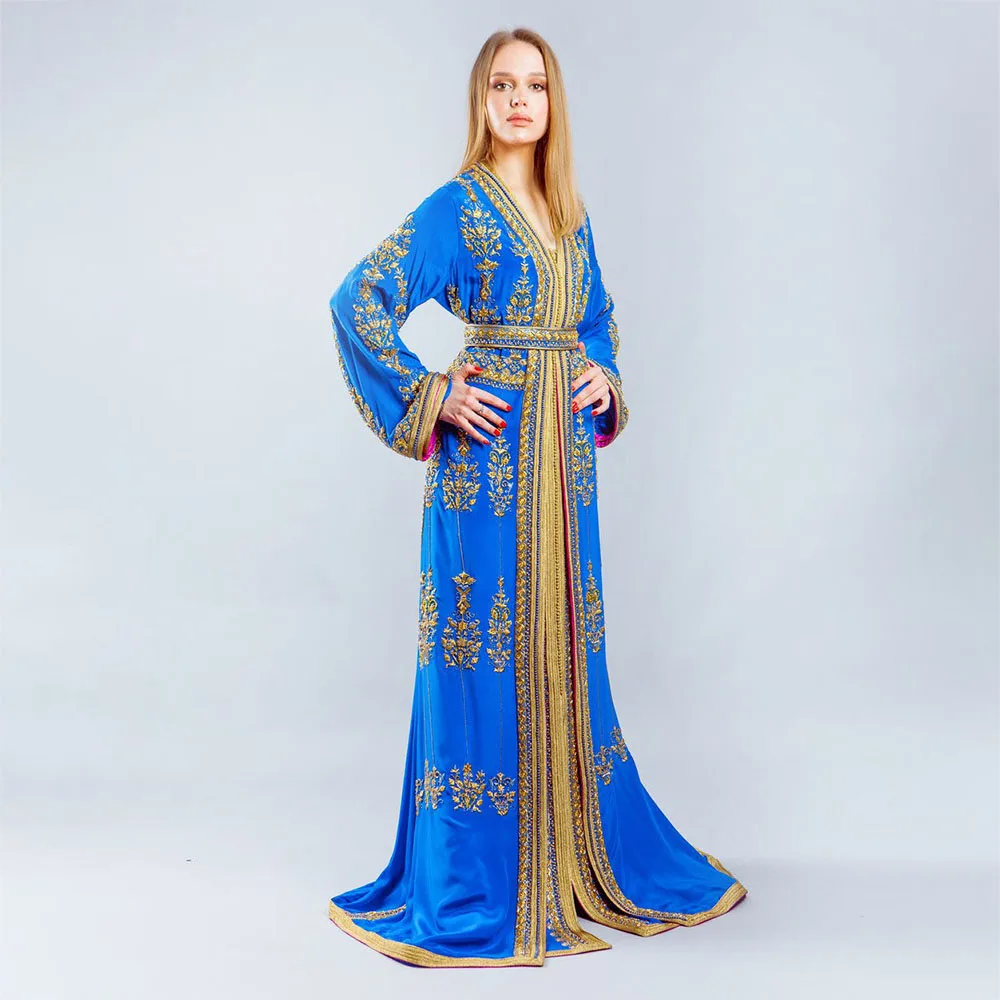 

Laxsesu Blue A-Line Dubai Evening Dresses Appliques Long Sleeve Moroccan Caftan 2022 Saudi Arabia Prom Dresses