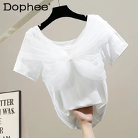 fashion mesh pleated bow stitching off shoulder off neck short sleeved t shirt women slim fit tops fashion tees white black