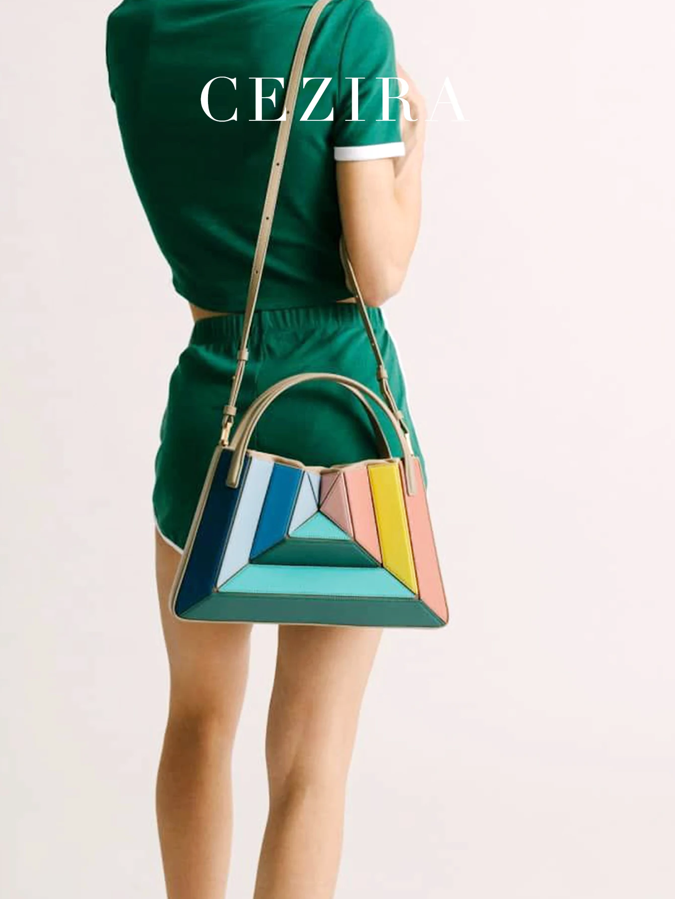 CEZIRA MultiColor Patchwork Design PU Vegan Leather Handbags Women Fashion Chic Top-handle Bucket Bags Cross body Shoulder Purse