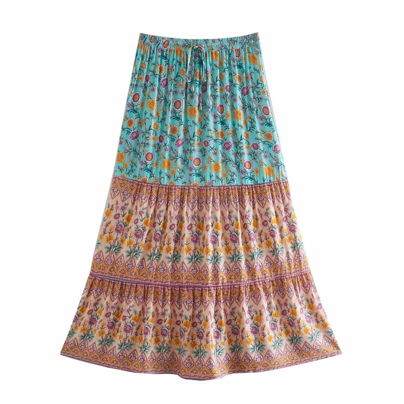 

Women Bohemian Style Print Skirt Pleated Polyester Knee-Length Banquet Prom Gown Spring Summer Casual Loose Nightdress Home Wear