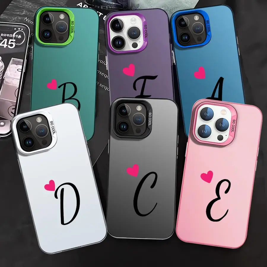 Initial Letter A-F Love Heart Couples Case for Apple iPhone 15 Plus X 12 Pro 11 Max XR 13 XS 16 14 Cover