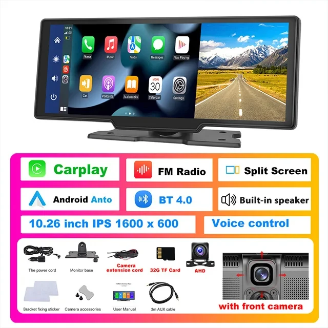 

Podofo 10,26 "видеорегистратор 4K камера заднего вида беспроводной Carplay Android Auto GPS с голосовым управлением приборная панель DVR автомобильный монитор