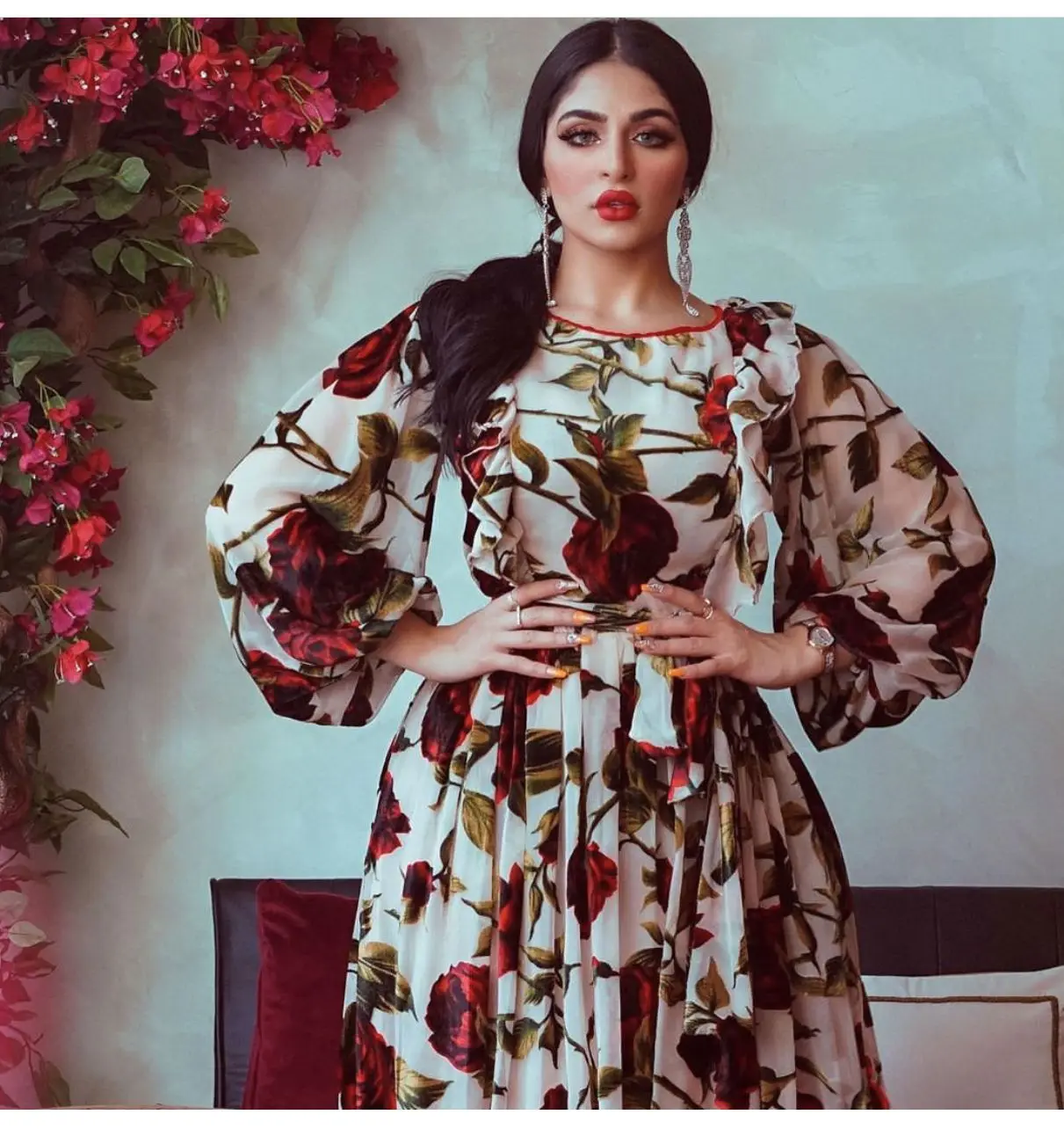 

Muslim Hijab Dress Women Abaya Dubai Arab Ruffle Rose Print Big Swing Dresses Islamic Clothing Kuftan Moroccan Ramadan Long Robe
