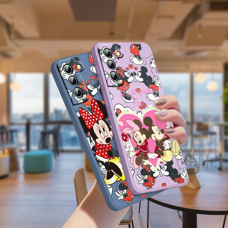 

Cute Minnie Mickey Love For Samsung Galaxy S21 S22 Pro S20 FE S10 Note 20 10 Plus Lite Ultra Liquid Silicone Rope Phone Case