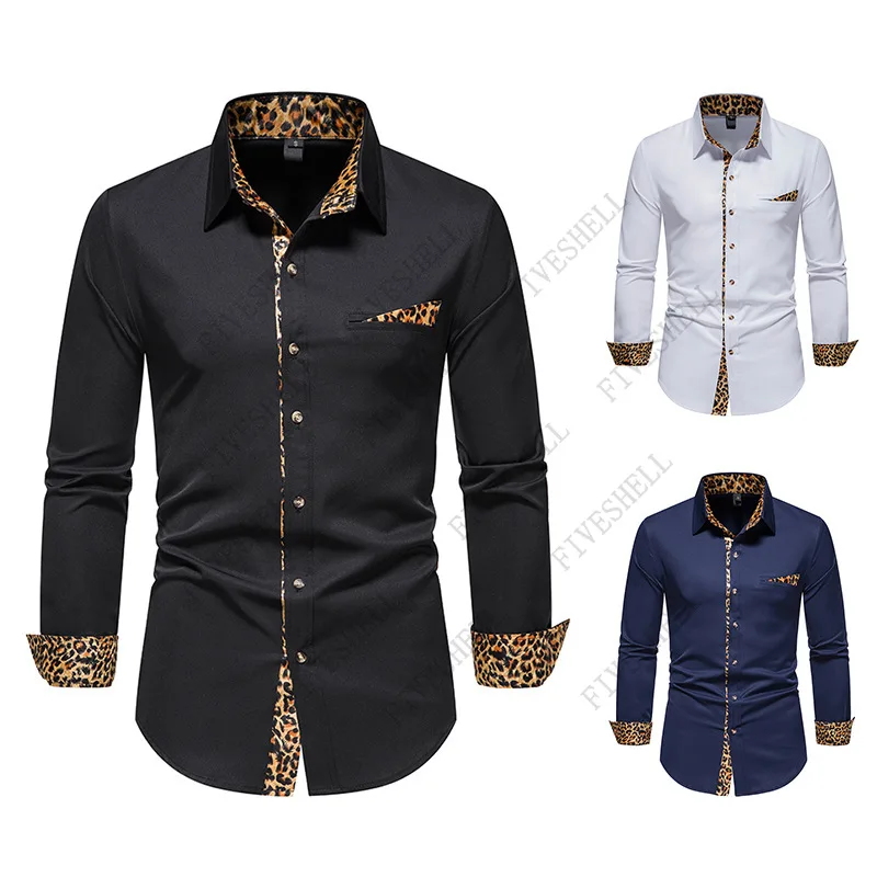 2023 Mens Casual Long Sleeve Button Down Dress Shirts Tops Patchwork Leopard Print Shirt Men Business Casual Shirt Male