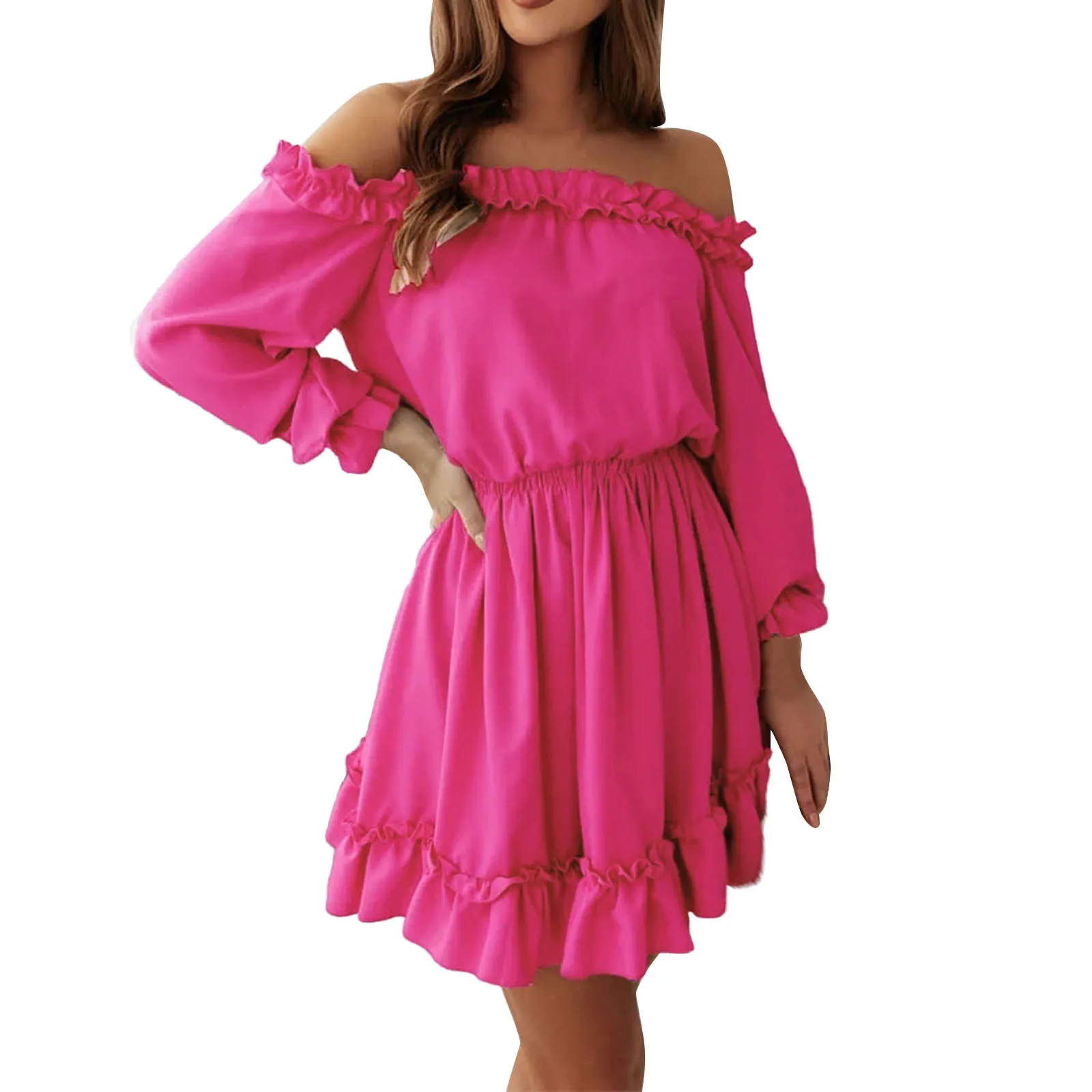 Women Sexy Off Shoulder Dress Mini Dress Summer Beach Long Sleeve Elegant  Dress Holiday Frill Dresses Women Casual V-neck Dress - купить по выгодной  цене | AliExpress