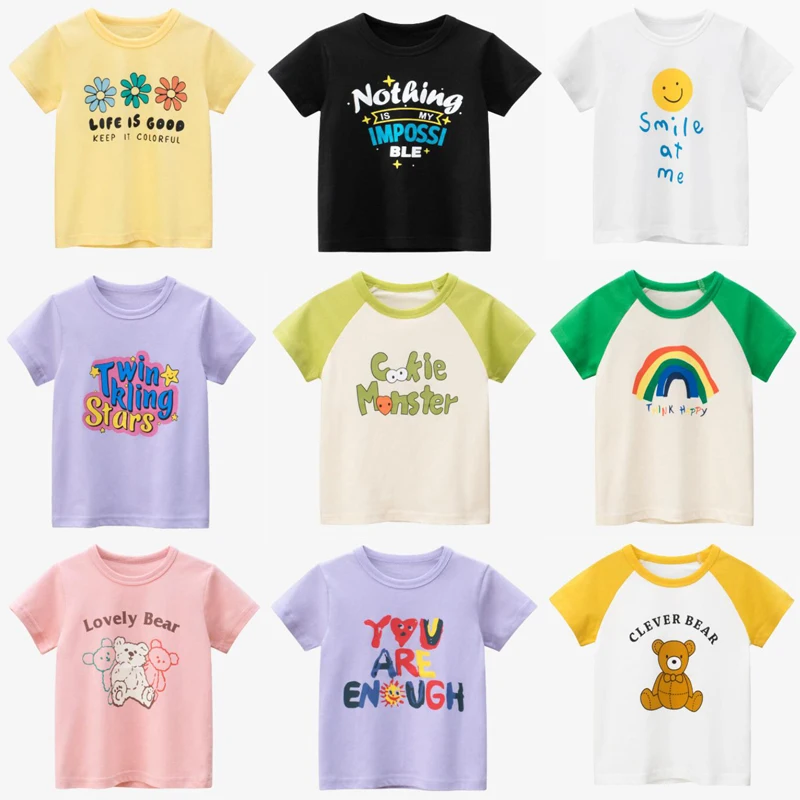 

2022 Summer New Kids Short Sleeve T Shirt Cotton Cute Cartoon Printing Boys And Girls Clothes Multicolor Stitching Fashion Tops