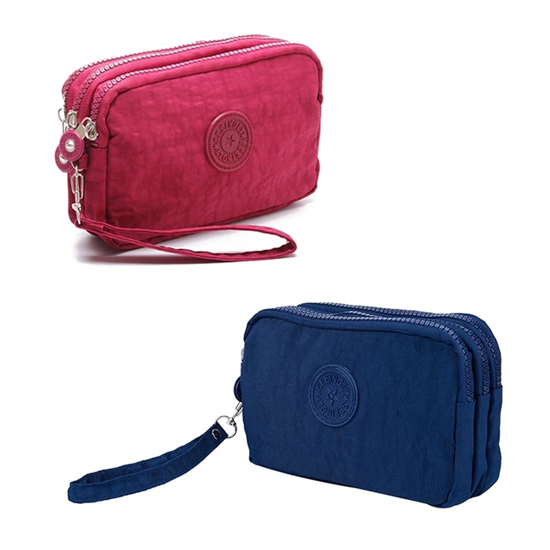 

Hot Kf-2 Pcs Small Wallet Washer Wrinkle Fabric Phone Purse Three Zippers Portable Make Up Bag-Rose Red & Dark Blue