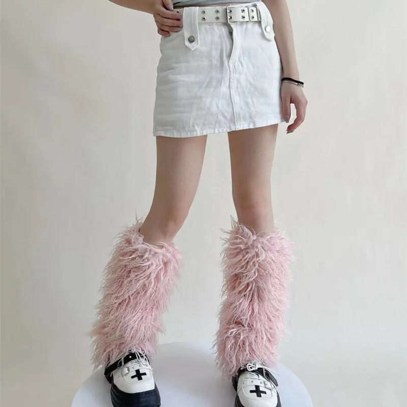Japanese Faux Fur Leg Warmers Y2K Boot Covers Black Goth Solid Leg Socks Punk Knee High Socks Harajuku JK Warm Sock Winter