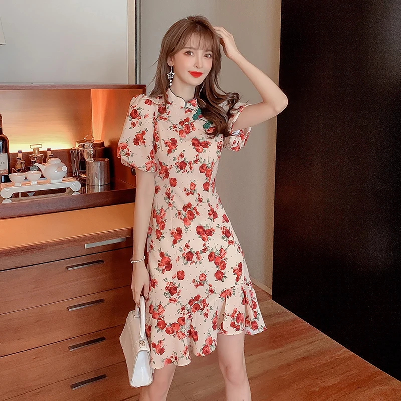 

Платье женское ТРАПЕЦИЕВИДНОЕ с цветочным принтом, элегантное в богемном стиле, с оборками, с коротким рукавом, в китайском стиле, с завышен...