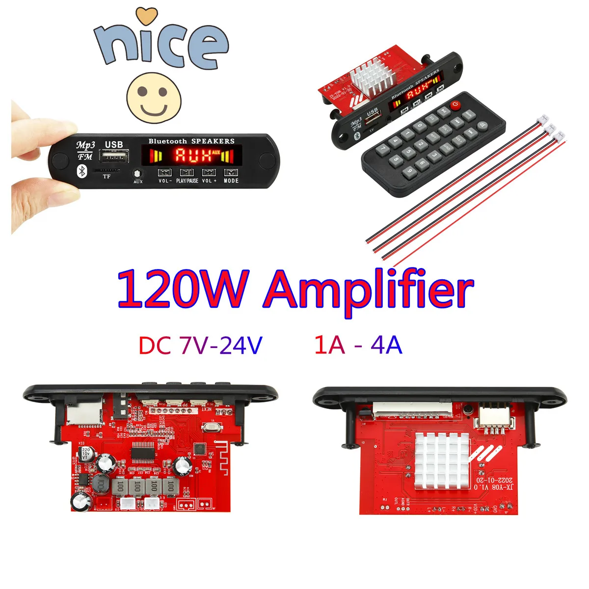 120 Вт усилитель 7-24 В Bluetooth5.0 аудио MP3 декодер плата цветной экран поддерживает