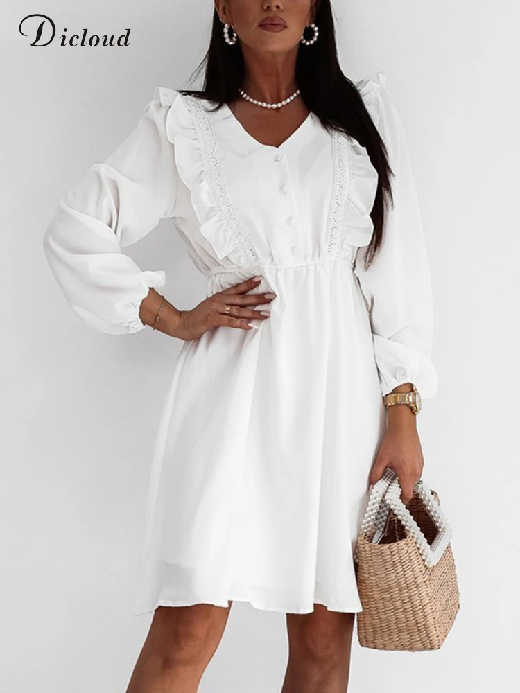 

DICLOUD Casual Summer Dresses For Women 2022 V-Neck Elegant Ruffle Long Sleeve Lace Up Party Dress High Street Female Clothing