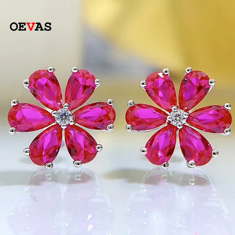 

OEVAS 100% 925 Sterling Silver Sparkling High Carbon Diamond Flowers Stud Earrings For Women Wedding Party Fine Jewelry Gifts