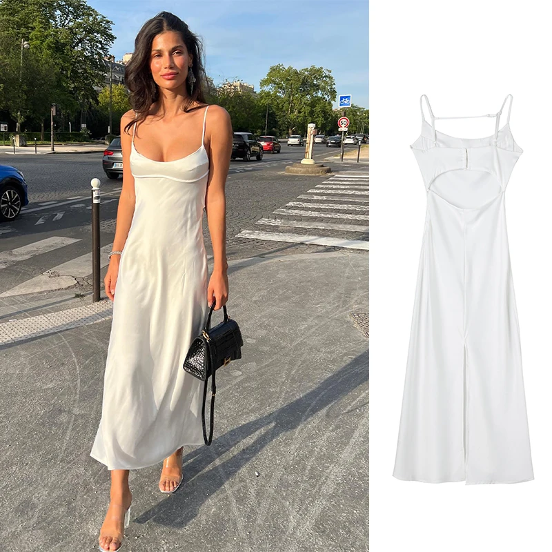 

Midi Spaghetti Robe Split Stain Sexy Backless Elegant Party Dresses 2022 Women Strap Summer Bodycon Dress Swinging