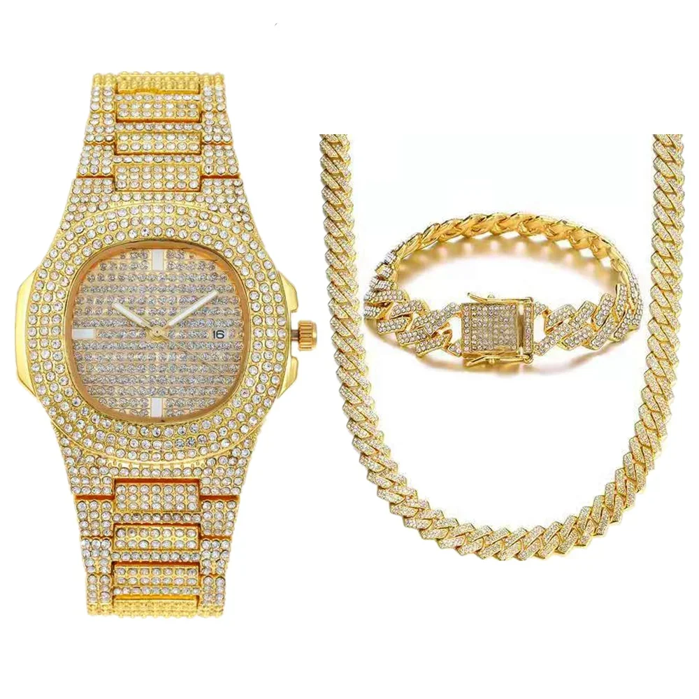 Фото Набор украшений Iced Out: часы, ожерелье-чокер, браслет в стиле хип-хоп Miami Cuban Chain, золотистые, с крупными стразами, для мужчин и женщин №2