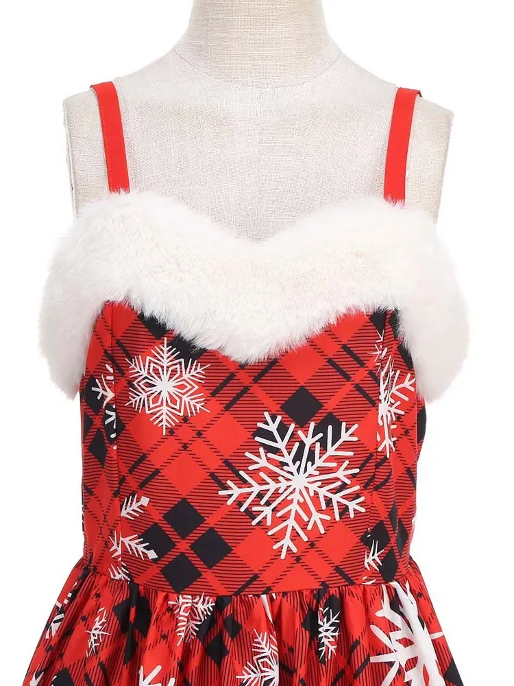 Women Faux Fur collar Holiday Party Christmas Snowflake Print Cosplay Costumes Vintage Dress Sexy Spaghetti Strap
