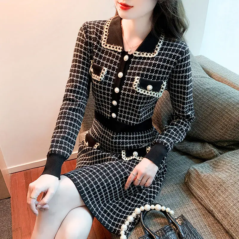 

Small Fragrance Fall Winter Knitted Sweater Dress Women Plaid Buttons Vintage Party Mini Dress Elegant Casual Robe Femme R21