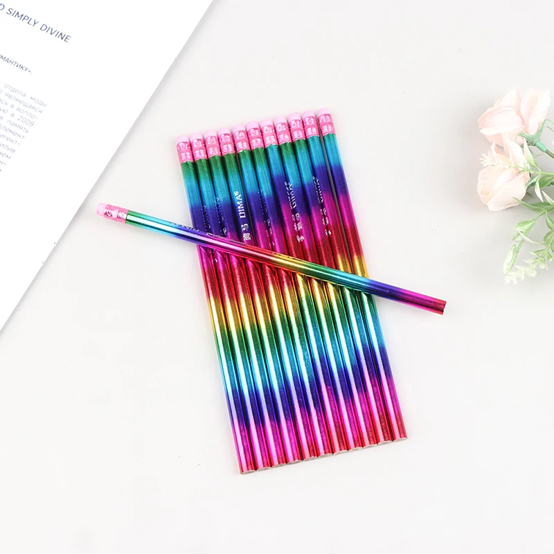 

12Pcs Pencil Rainbow Wood Environmental Protection Bright Color School Writing