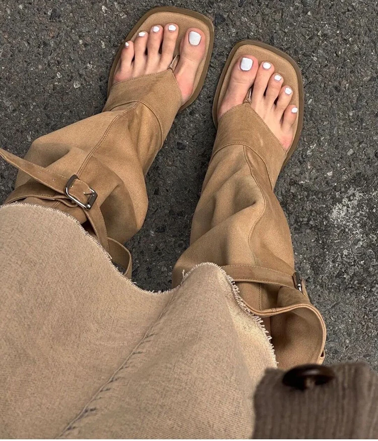 

Flip Flop Cutout Shafts Square Toe Belt Buckle Detail Mid Calf Boots Summer New Hollow Breath Sandal Boots Women Shoes