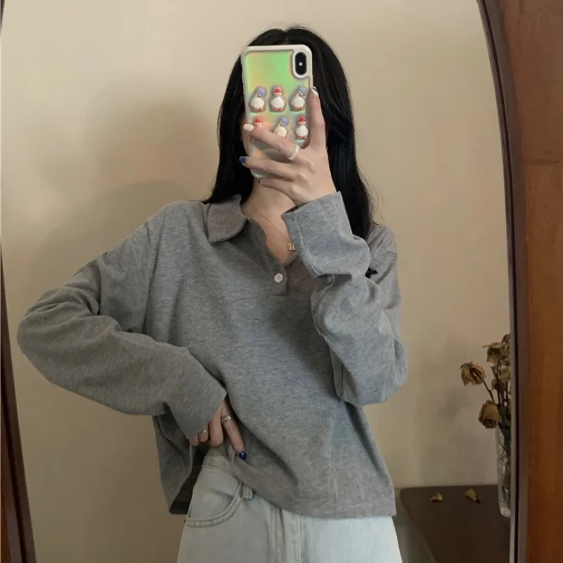 

Gray Polo Neck T-shirt Women's Spring and Autumn 2021 New Design Sense of Minority Short Long Sleeve Top Loose and Versatile