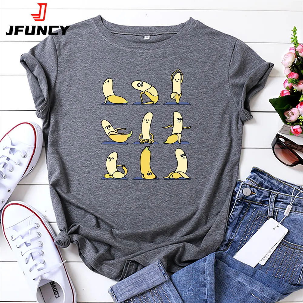 JFUNCY  T Shirt Women Summer Cotton T-Shirt Funny Banana Printed Short Sleeve Female Tee Tops 2022 Oversize Woman Tshirt