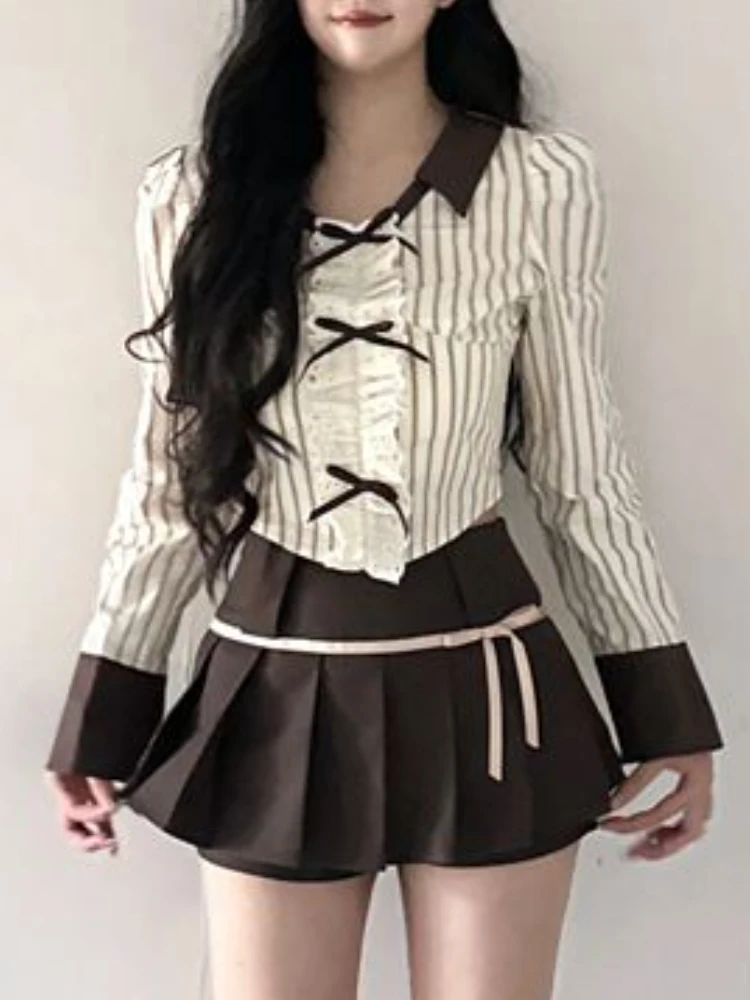 Женский винтажный комплект из 2 предметов элегантная рубашка в полоску с бантом и