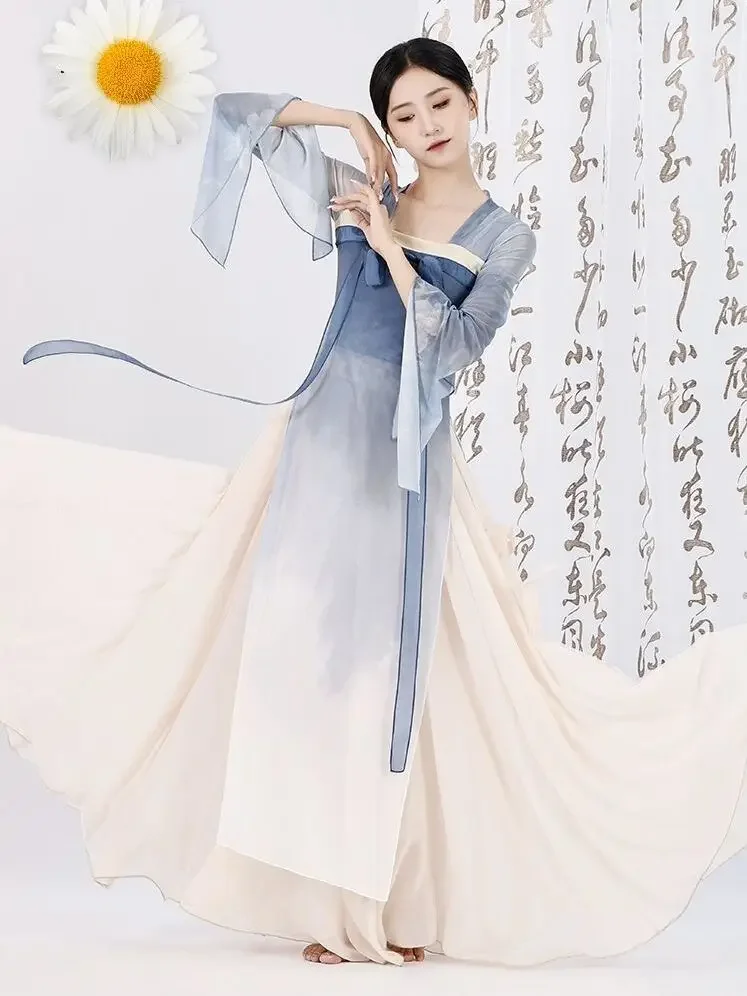 

Китайские классические танцевальные костюмы, костюмы боевых искусств, элегантный газовый Топ, длинное китайское танцевальное платье для выступлений