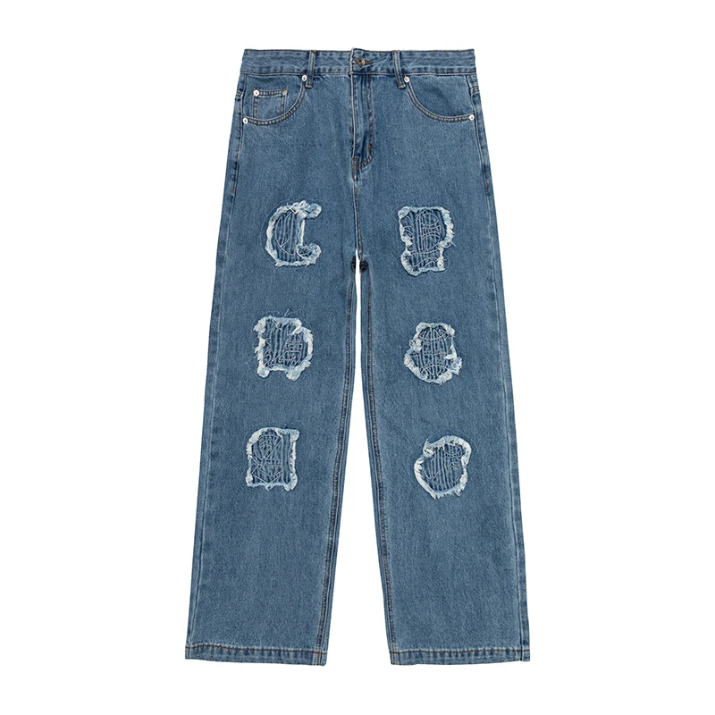 

Harajuku Raw Edge Streetwear Ripped Mens Jeans Pants Pockets Straight Patchwork Retro Oversized Loose Denim Trousers