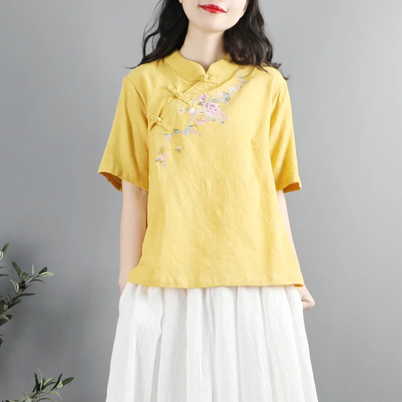 

Женская блузка из хлопка и льна, топ в китайском ретро-стиле с вышивкой, косым отворотом и пуговицами, Литературная летняя чайная одежда с ко...