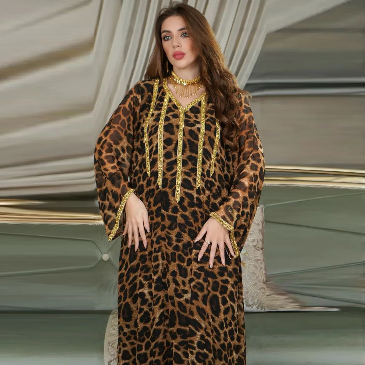 2023 New Printed Leopard Print Brown Hot Diamond Women's Long Dress Middle Eastern Fashion Arab Muslim Dress