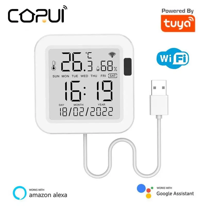 

CoRui WiFi Temperature And Humidity Sensor USB Power With LCD Screen Display Sensing Backlight Work With Alexa Google Smart Life